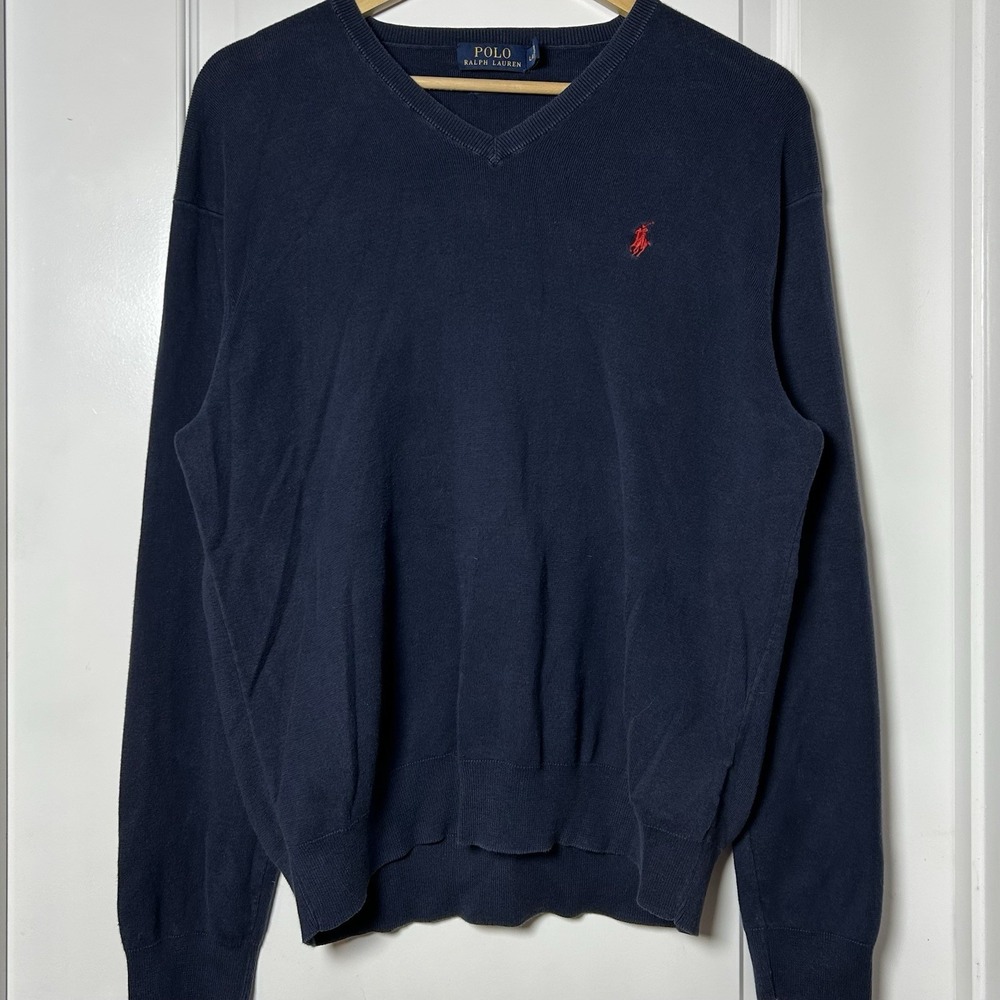 Polo Ralph Lauren 100% Pima Cotton Navy V-Neck Pullover Sweater Old Money Style